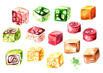 Turkish delight. Colorful Rahat lokum set. Watercolor hand drawn illustration, isolated on white background