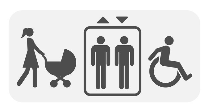 Elevator accessibility sign. Lift, mother with baby stroller, disabled icons