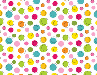 Polka dot seamless pattern for digital paper, backgrounds, borders, gift wrap, wrapping paper, scrapbooking, fabric and more. Pink, blue, green, yellow and orange circles.