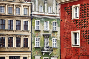 Old buildings facades in the Poznan Old Market Square, Poland.