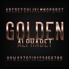 Gold alphabet font. Golden beveled glossy letters, numbers and symbols. Stock vector typeface for any typography design.