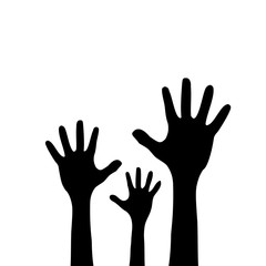 Raised up children's hands. Black silhouette. Isolated on a white background. Vector