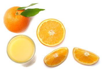 orange juice with sliced orange and green leaf isolated on white background. top view with copy space