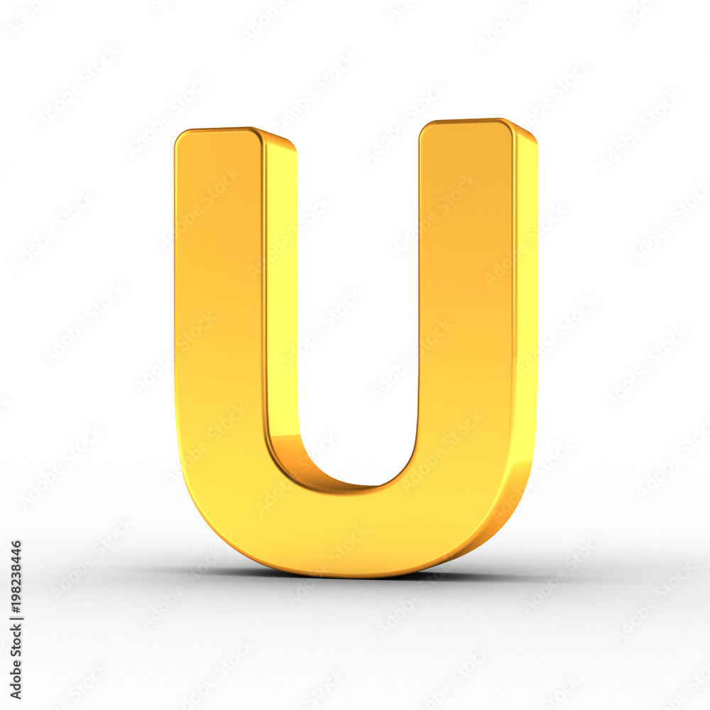 Poster the letter u as a polished golden object with clipping path