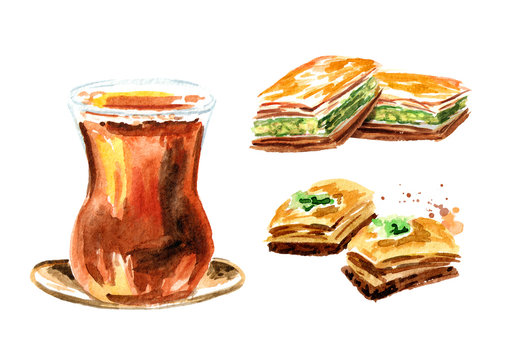 Turkish tea in traditional glass and baklava set. Watercolor hand drawn illustration, isolated on white background