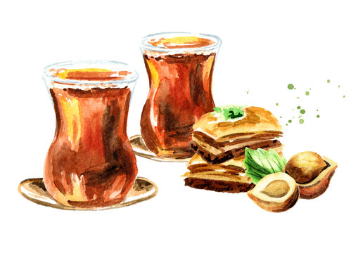 Turkish tea in traditional glass and baklava with hazelnut