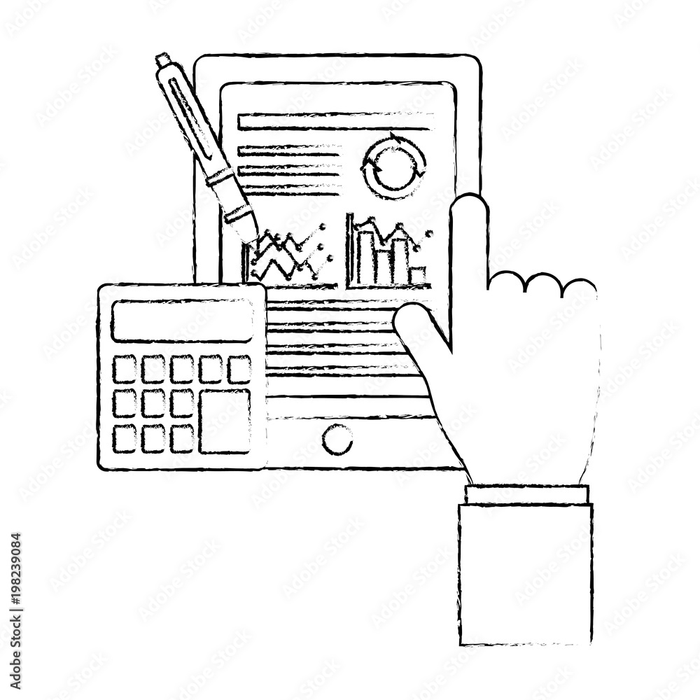 Poster hand touch screen of mobile statistics graph calculator vector illustration sketch design