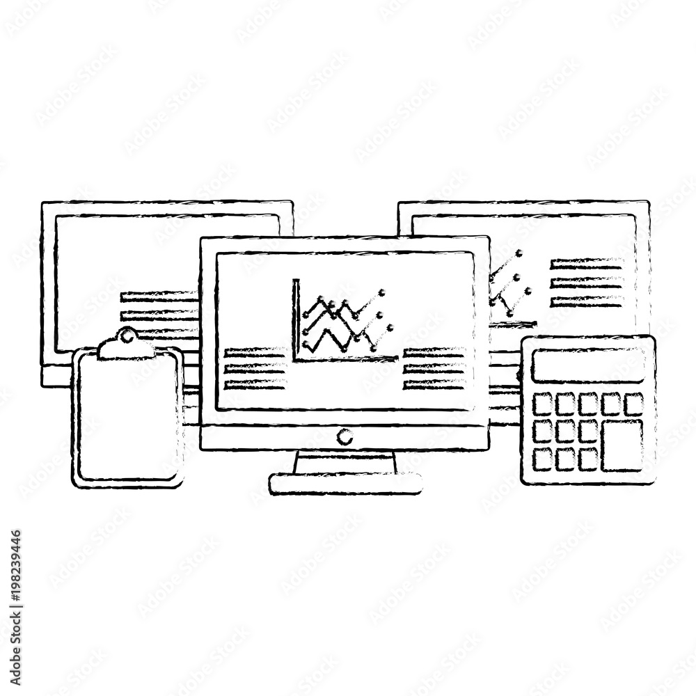 Poster technology business clipboard calculator statistics graphs vector illustration sketch design