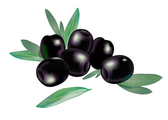 Realistic 3d boneless black olives with few leaves composition isolated on white background. Vector organic food  illustration