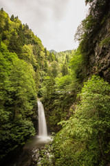 Fototapeta na wymiar Palovit Waterfall in Kaçkar Mountains National Park is one of the highest waterfalls of Rize. This famous waterfall in a lush green forest is about 15 meters high and foam poured into a creek bed.