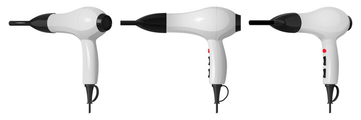 Серый фен для сушки волос с насадкой - концентратором, в трех разных ракурсах, векторное изображение на белом фоне