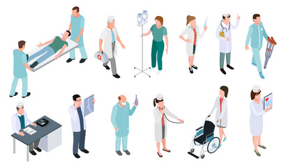 Medical doctor and nurse patients treatments vector illustration. Set of medical profession isometric icons isolated on white background.