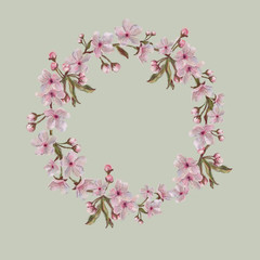 Sakura Blooms Wreath Isolated on Lime Background. Pink Flower Wreath. Apple, Almond, Cherry Blossom Round Wreath.