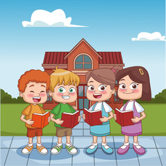 Students kids outside school building vector illustration graphic design