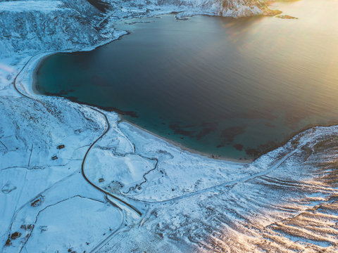 Aerial winter view of Lofoten Islands beach, Norway, shot from drone