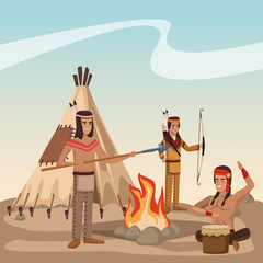 American indian tribe at village cartoon vector illustration graphic design