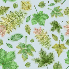 Seamless Pattern Green Leaves on Blue Background. Watercolor Hand Painted Green Tree Leaves. Foliage Seamless Rapport  for Background, Print, and Textile.