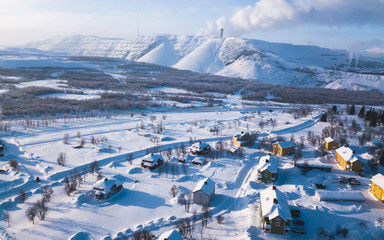 Aerial winter view of Kiruna, the northernmost town in Sweden, province of Lapland, winter sunny...