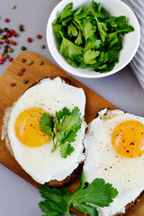 
Sandwich with Tasty Fried Egg Served on a Wooden Tray Parsley Pepper Grey Background Morning Concept Healthy Food Vegetarian Modern Lifestyle Copy Space
