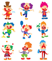 Obraz na płótnie Canvas Clown character vector performing different fun activities cartoon illustrations. Clown character funny happy costume cartoon joker. Fun makeup and carnival smile hat nose clown character