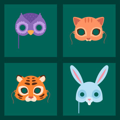 Animals carnival mask vector festival decoration masquerade and party costume cute cartoon head decor celebration illustration.