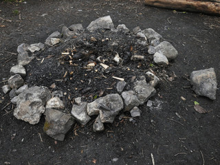 Bonfire in a camp made with large rocks for safety reasons. Concept fire-safety.