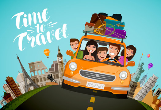 Journey, travel concept. Happy family rides in car on vacation. Cartoon vector illustration