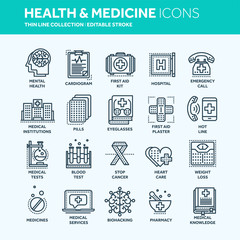 Health care, medicine. First aid. Medical blood tests and diagnostic. Heart cardiogram. Pills and drugs.Thin line web icon set. Outline icons collection.Vector illustration.