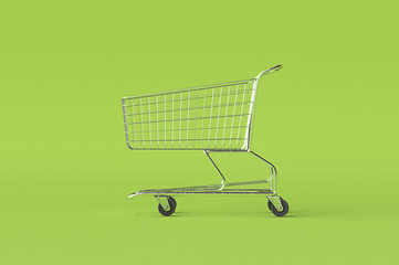 Concept of shopping cart trolley on green background with some copy space. 3d render