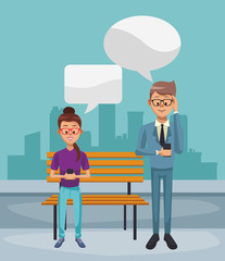 Young couple chatting with smartphone at city vector illustration graphic design
