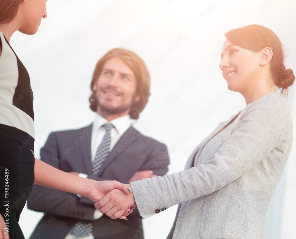 Wall mural businesspeople shaking hands against room with large window loo