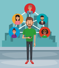 Young man with network contacts vector illustration graphic design
