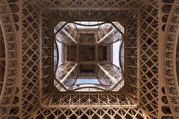 Elements of the Eiffel Tower in Paris against the blue sky