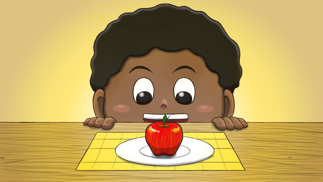 Close-up illustration of a black boy staring at an apple on the table.