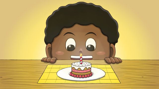 Close-up illustration of a black boy staring at a mini birthday cake on the table.