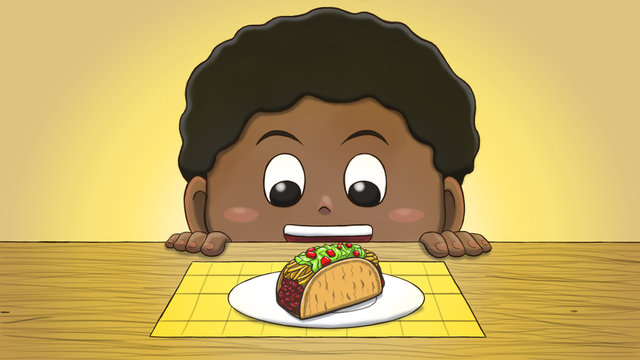 Close-up illustration of a black boy staring at a taco on the table.