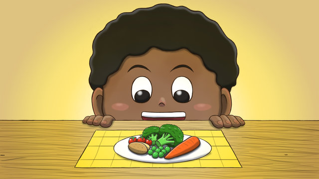 Close-up illustration of a black boy staring at vegetables on the table.