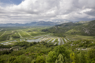 Fototapeta na wymiar View over green fields, agricultural area in Neretva river delta in Croatia