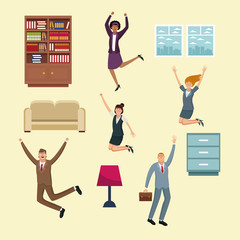 Business people happy and office elements vector illustration graphic design
