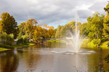 Riga City Canal with fountain in autumn