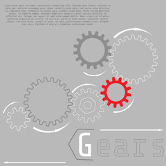 Gray gear wheels with red gear symbolizing idea or solution. Infographic vector template.