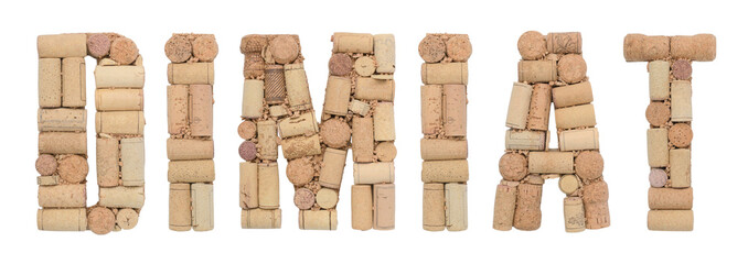 Grape variety Dimiat made of wine corks Isolated on white background