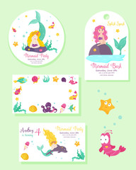 Set of cards and tags with sea characters