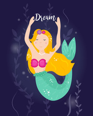 Cute cartoon mermaid with yellow hair.