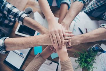 We are strong together! Concept of trust support collaboration. Top above overhead view photo of...