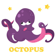 Funny purple cartoon octopus. Vector illustration