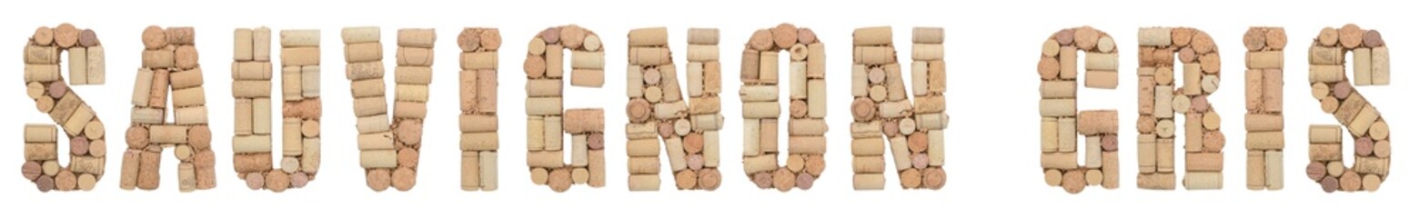 Grape variety Sauvignon gris made of wine corks Isolated on white background - obrazy, fototapety, plakaty