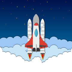 Vector paper cut illustration with rocket, shuttle, sky, clouds
