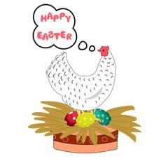 Easter greeting card. Chicken hen on the nest Painted Eggs