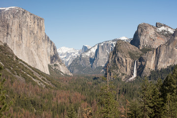 Yosemite landscape in spring with snow on the summits